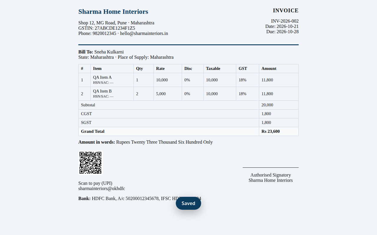 Print-ready GST invoice PDF generated by LeadMitra CRM — item table, CGST and SGST breakup, amount in words and a UPI QR code for payment
